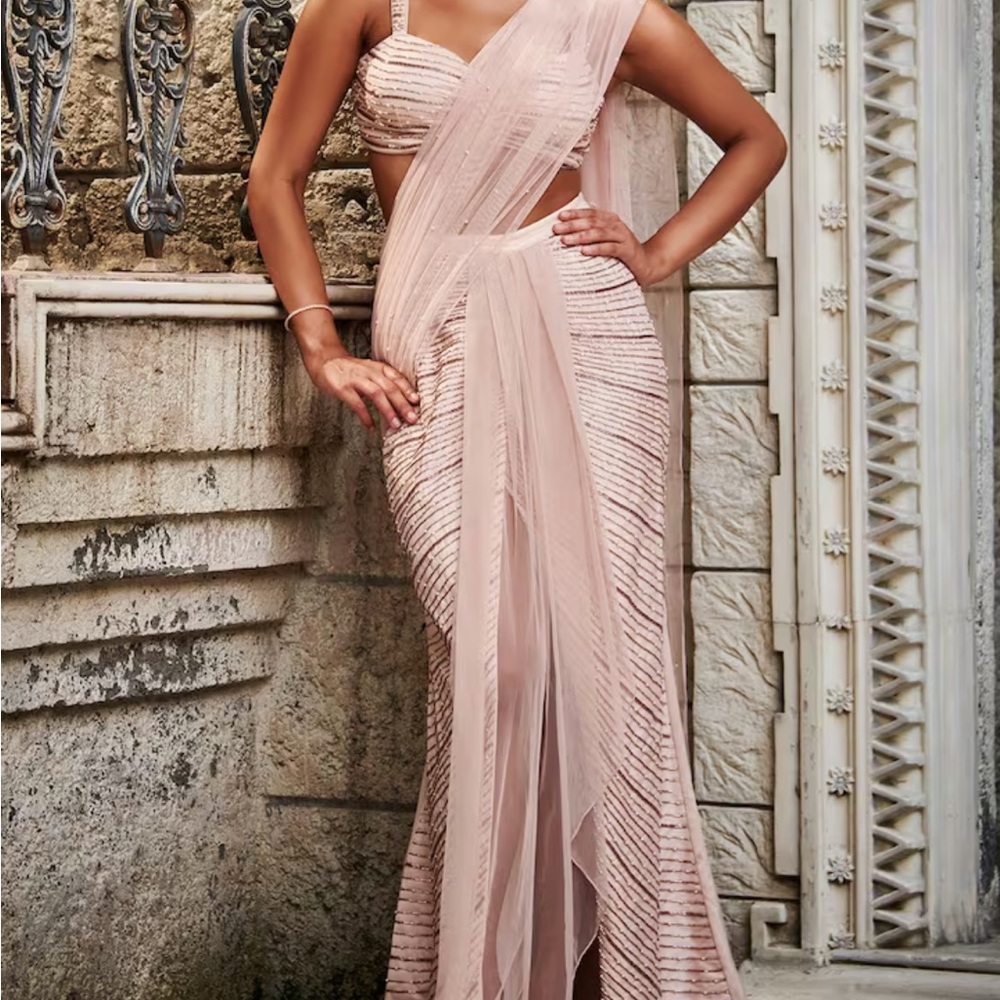 Pink Satin Hand Embroidered Arshia Pre-stitched Saree With Blouse For Women